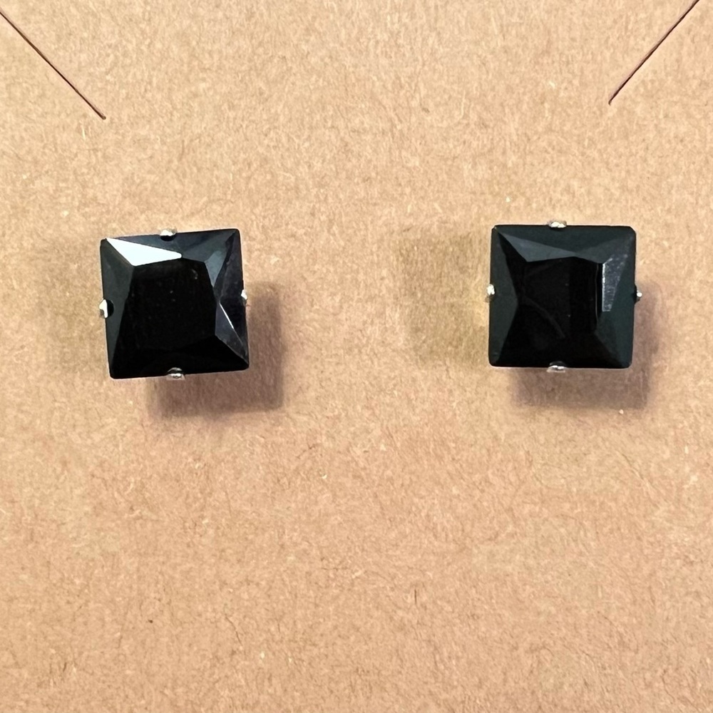 Black Tourmaline Square Stud Earrings 925 Silver Prong Set 3/8” Faceted #560 - Picture 3 of 4